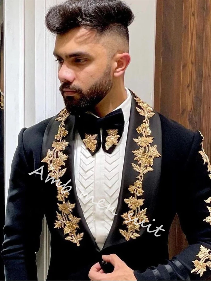 Slim Monested Men's Suit čierny zárezový klop pre svadobné mužské sako Formálne smokingy Breased Prom Elegantné šaty s nohavicami