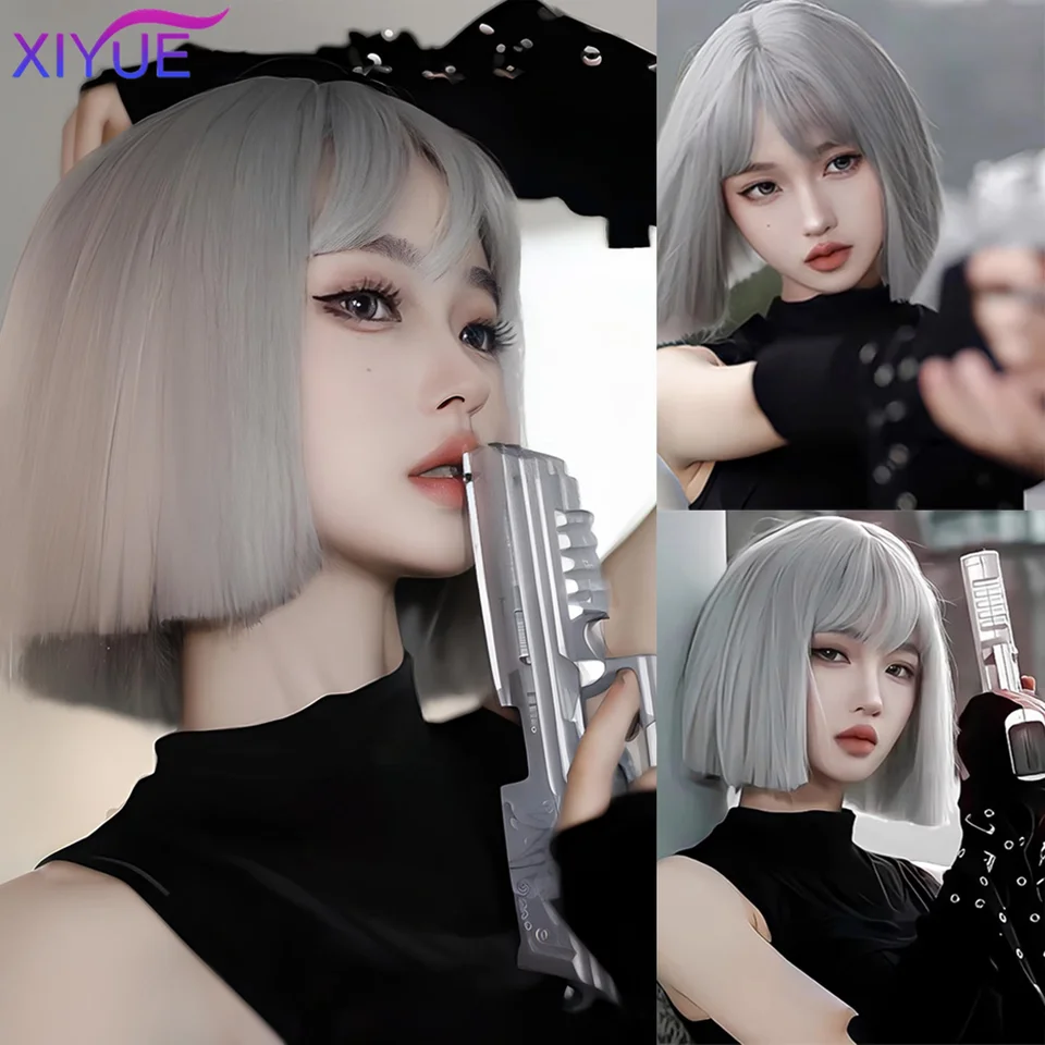 Sliver Grey Bob Parochne s rangami krátke priame syntetické parochne pre ženy sivé roztomilé lolita večierok Hair tepelne odolné