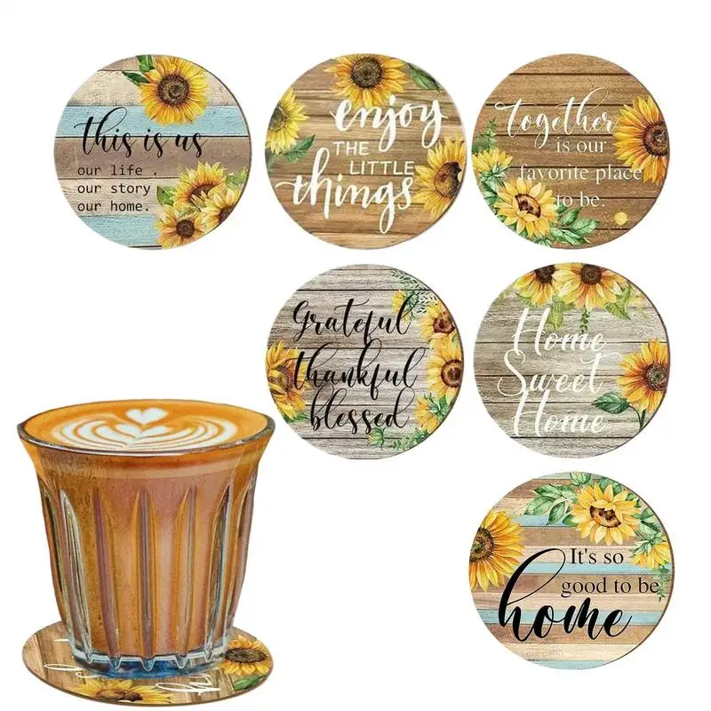 Slnečnica Coaster 6x Vintage Sunflower Round Coasters Round Drink Dive Coaster Drevená šmykľavka Coaster pre domáci bar