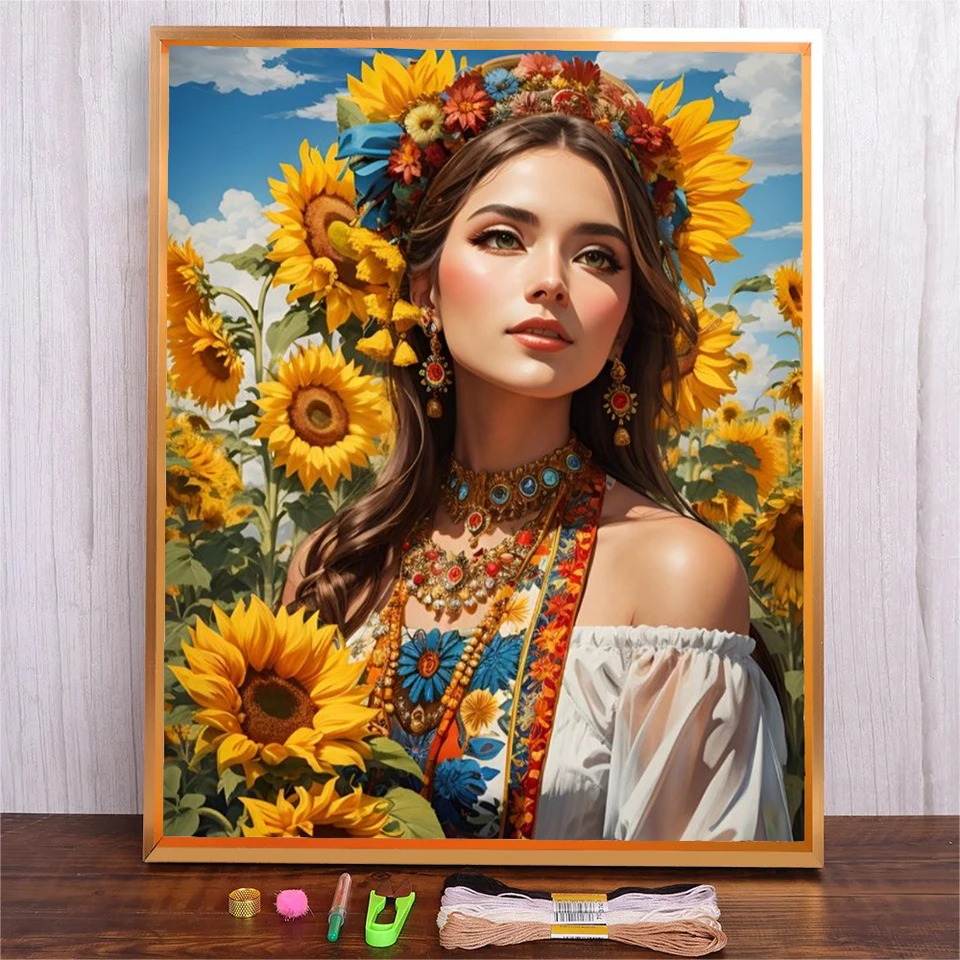 Slnečnicové dievča spočítal krížový steh DIY Hand Cotty Niť vyšívanie 14ct/11ct biele plátno Canvas tlačené vyšívanie šijacia súprava
