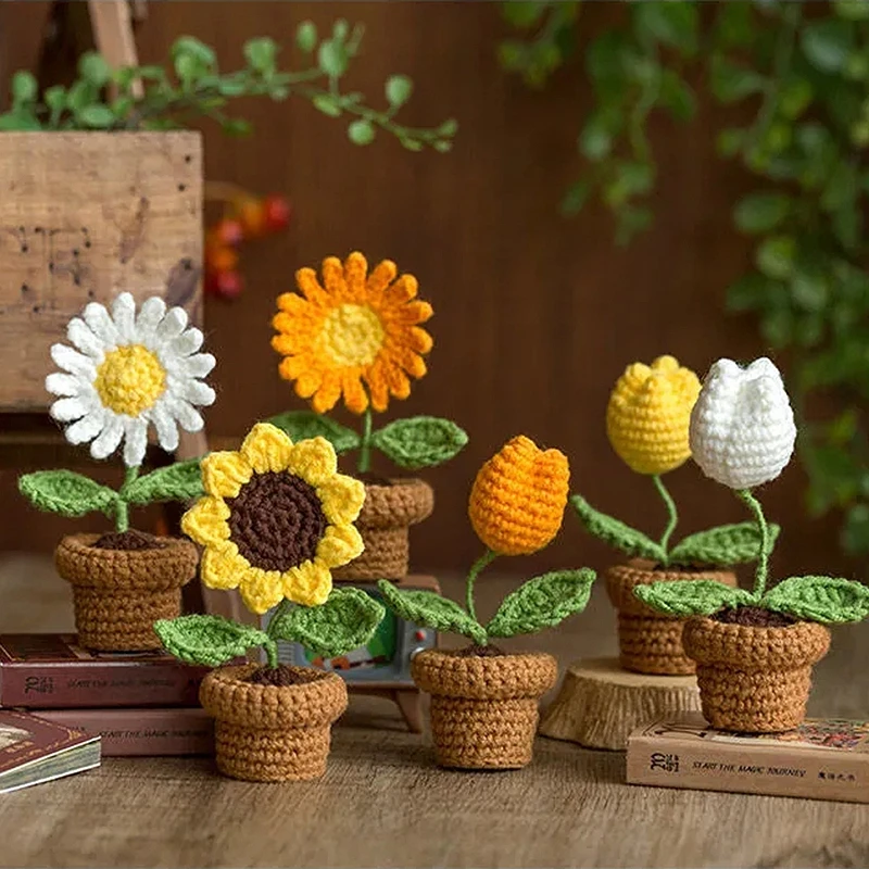 Slnečnicové háčkovacie kvety ručne pletené kvetinové svadobné darčeky pre hostí kvetináče tkaného kvetinového stola Accessorie Flores Valentín