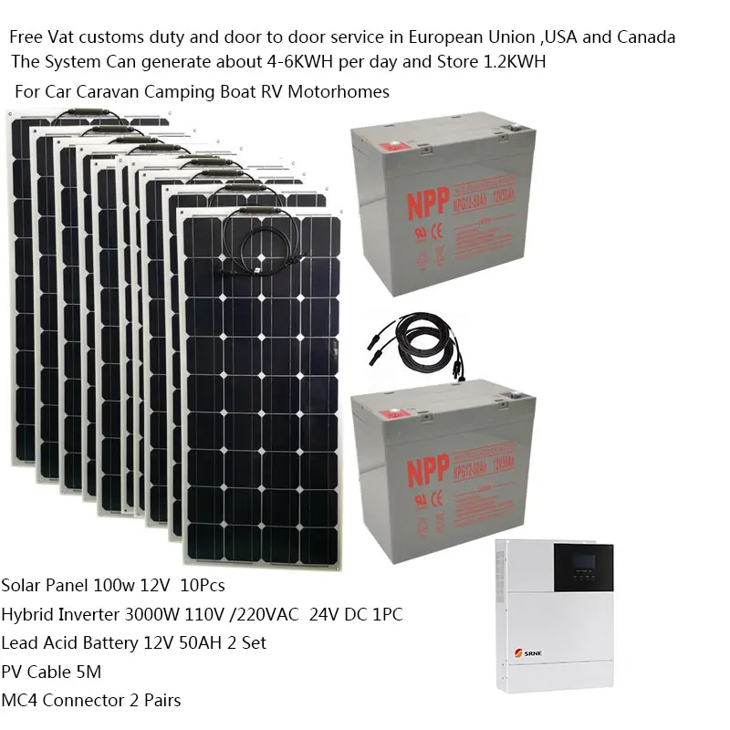 Slnečná sústava Kompletná 3000W 220V 110V Solárny panel nabíjačky 1000W Hybridný menič z mriežkového systému kempingový karavan