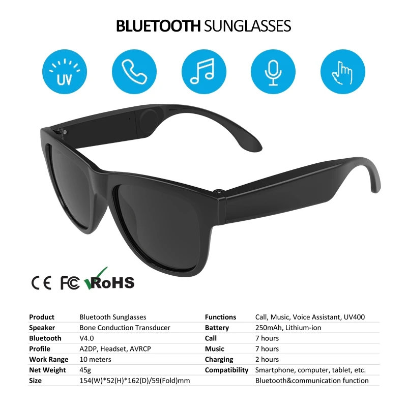 Slnečné okuliare na kosti pre telefónne hovory Bluetooth Music Inteligentné okuliare je možné zladiť s šošovkami na zmenu farby na predpis
