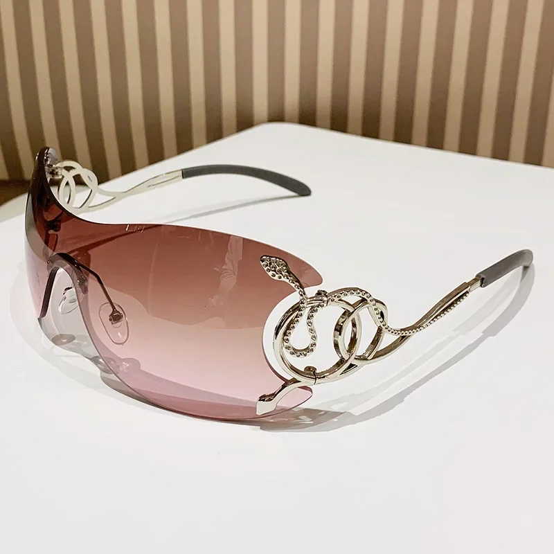 Slnečné okuliare Y2K Rimless Women Štýlový gradientný objektív vonkajšie odtiene Trendy luxusné značky dizajn kovový rám okuliare okuliare