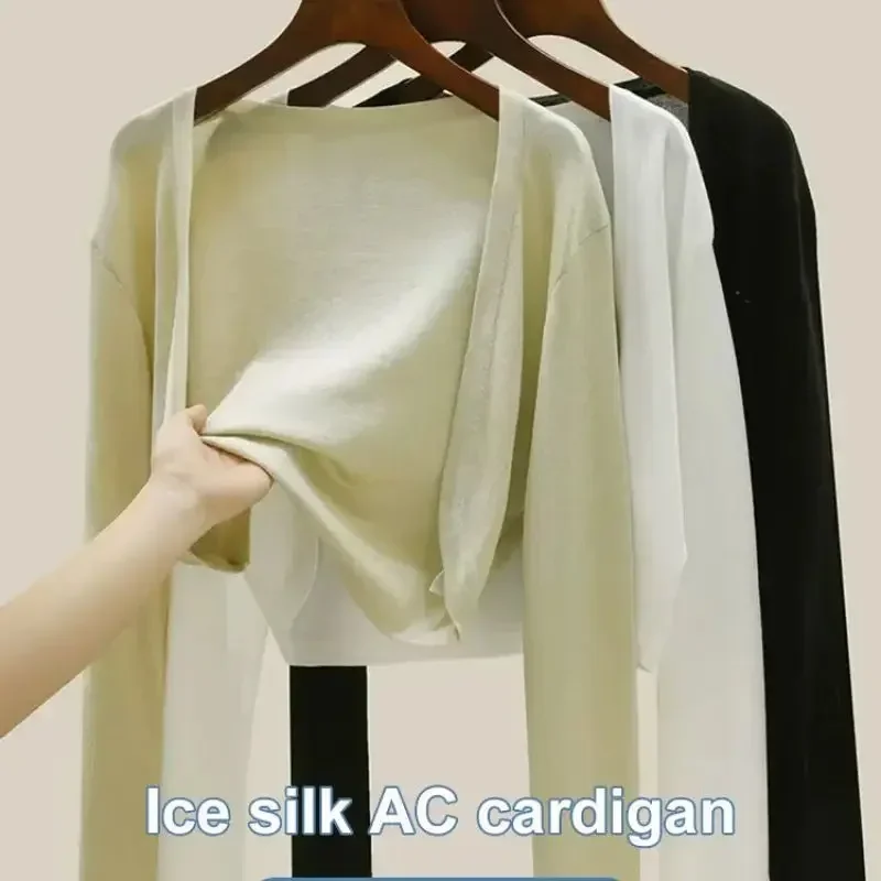 Slnko pletená sveter Dámsky tenký hodvábny kabát s klimatizovanou košeľou s klimatizáciou s klznou sukňou Elegantné dlhé rukávy Bolero Ponchos
