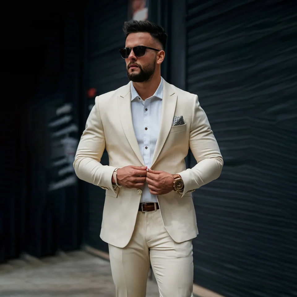 Slonovina muži vyhovujú štíhle fit elegantný vrchol klopa single breast muža oblek móda príležitostné denné večierky svadobné smokingy kostým homme