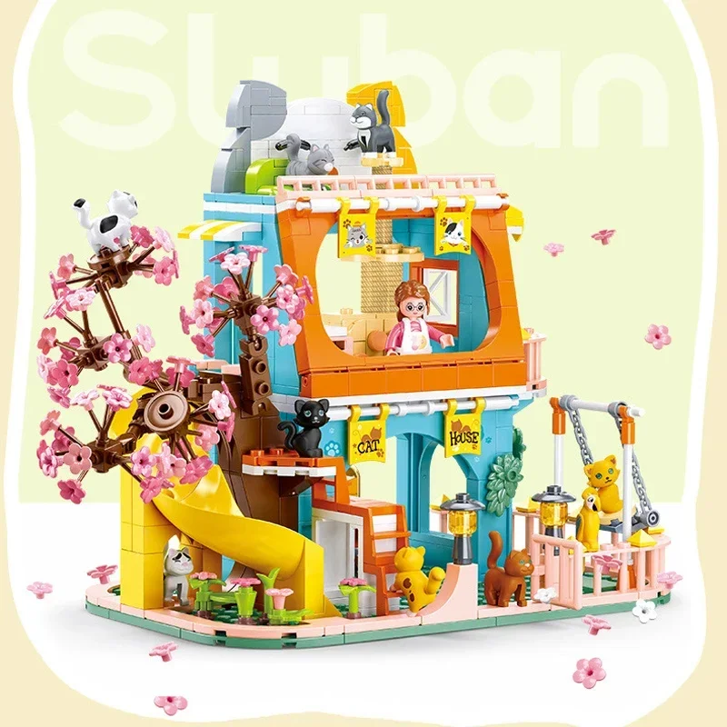 Sluban Friends City Cat Hotel Sety Girl A-Frame Pet House Apartment Garden Villa Sakura Building Building Blocks Animal Toy Kid Darček
