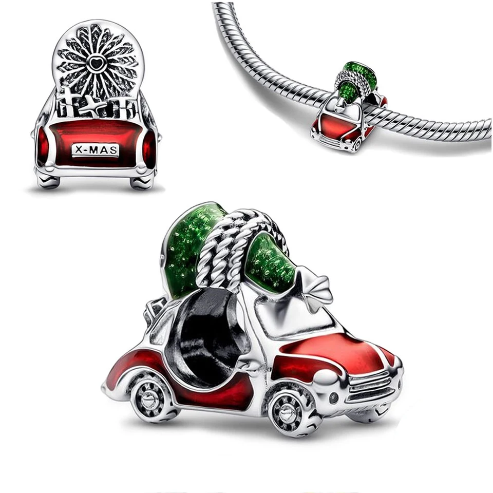 Slávnostné auto a vianočný stromček Strieborné osvetlené fit Pandora Charms Silver 925 Originálny náramok pre výrobu šperkov