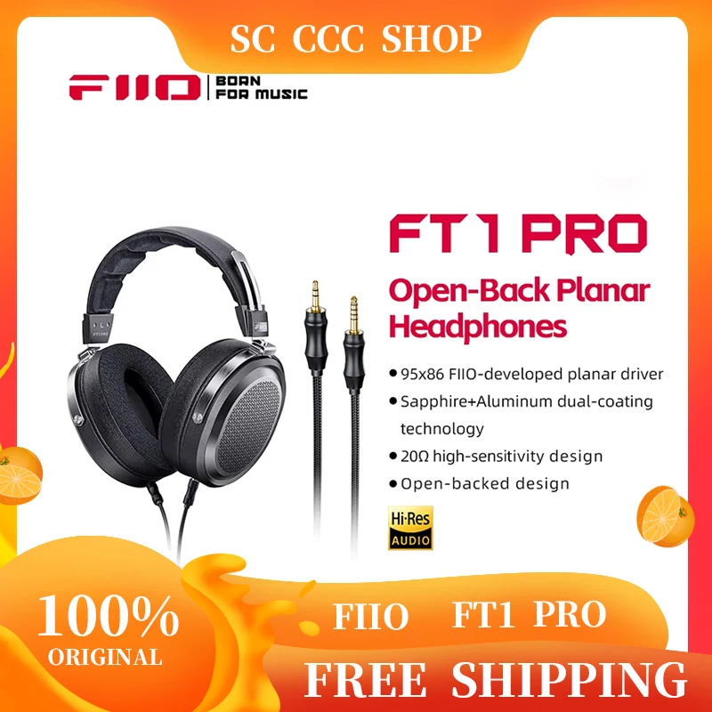 Slúchadlá FIIO FT1 Pro WIRED HIFI Slúchadlá Otvorené ploché čelenky 1 μm ultra-svižná membrána Prispôsobené slúchadlámi 20Ω citlivosti