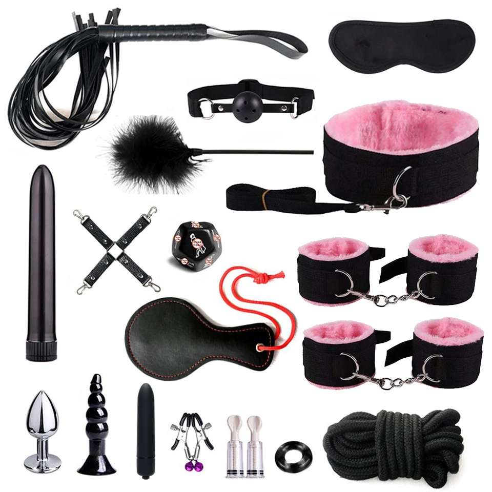 SM fetish BDSM Bondage erotická hračka Obmedzená sada sexuálnych hračiek pre ženy putá Whip Whip Väzba Anal Plug Vibrator Pár sexy nástroj 18