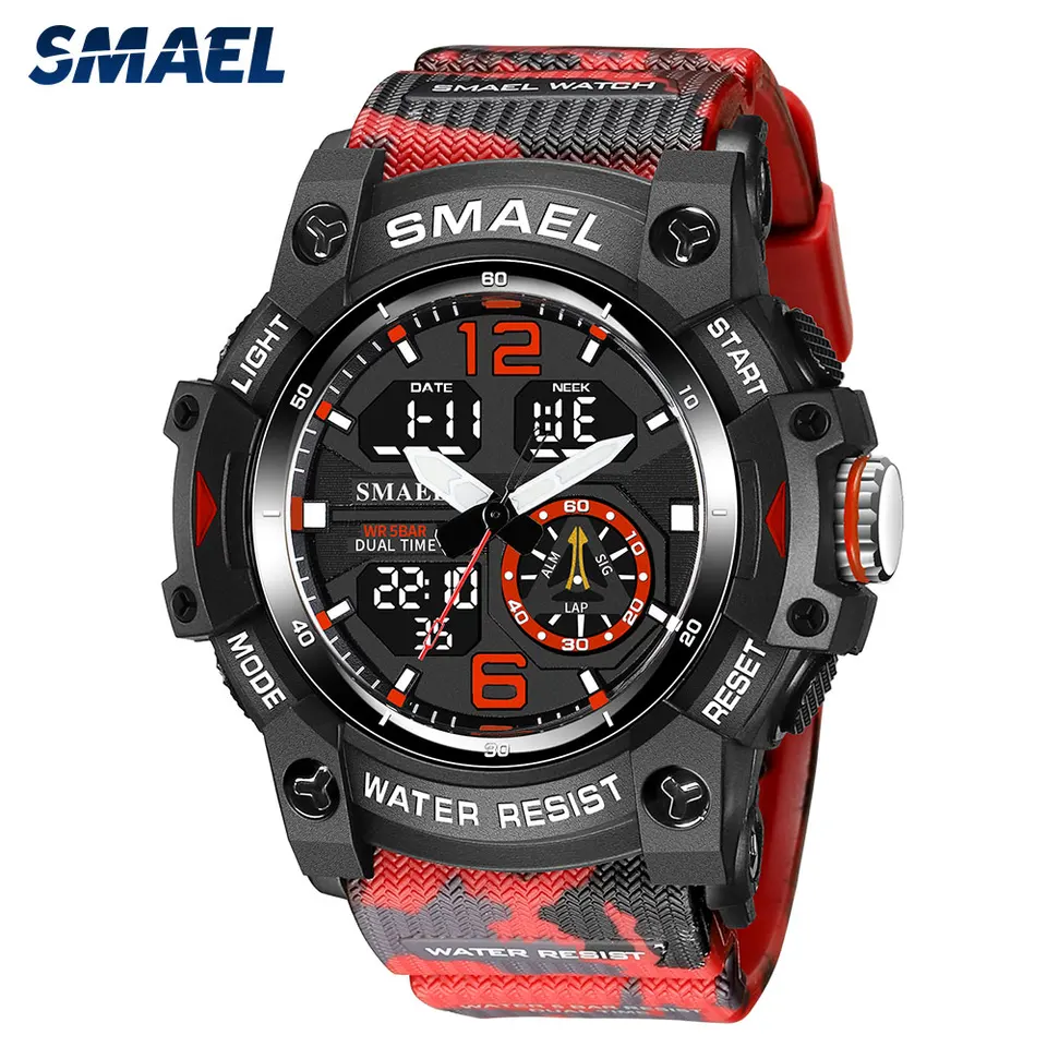 Smael Camouflage Red Strap Digital Watch for Men Vodotesný dvojitý časový zobrazenie Quartz Zápraky s chronografom Dátum týždňa 8007