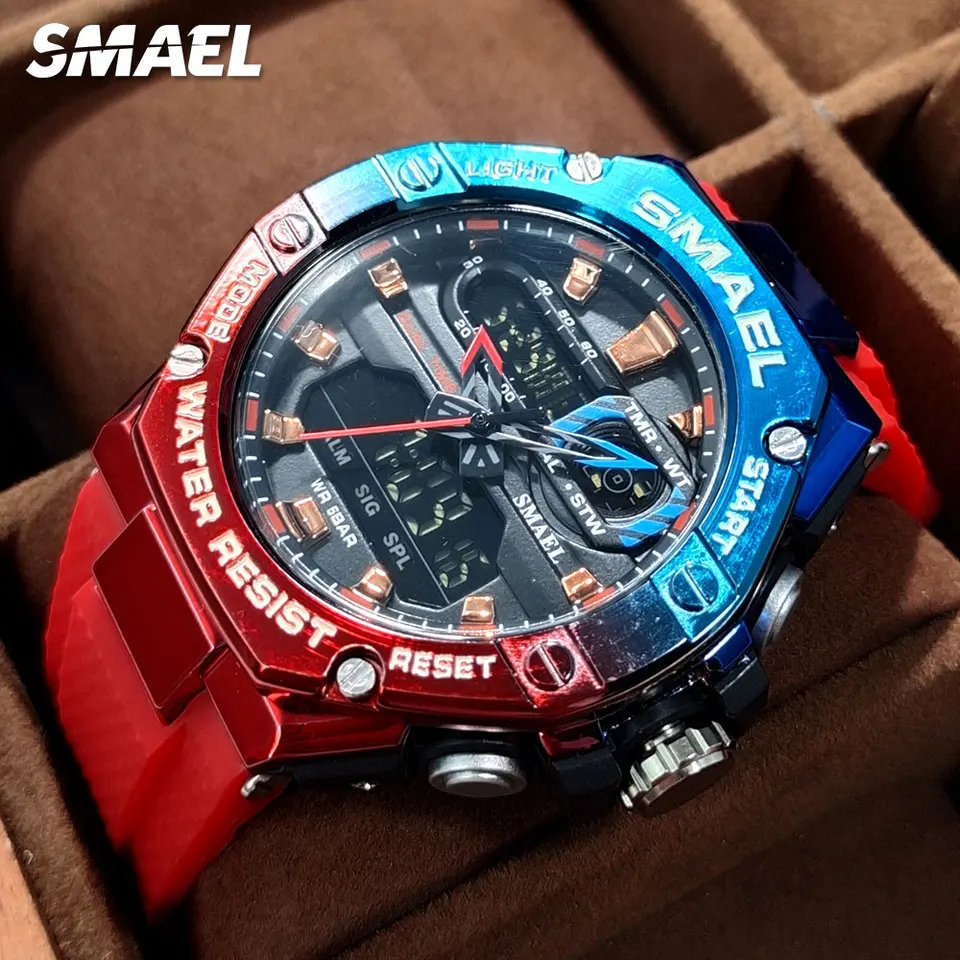 Smael Dual Time Red Digital Watch Men Vojenský športový chronograf Quartz Electronic Wristwatch s dátumovým týždňom vodotesný 8066