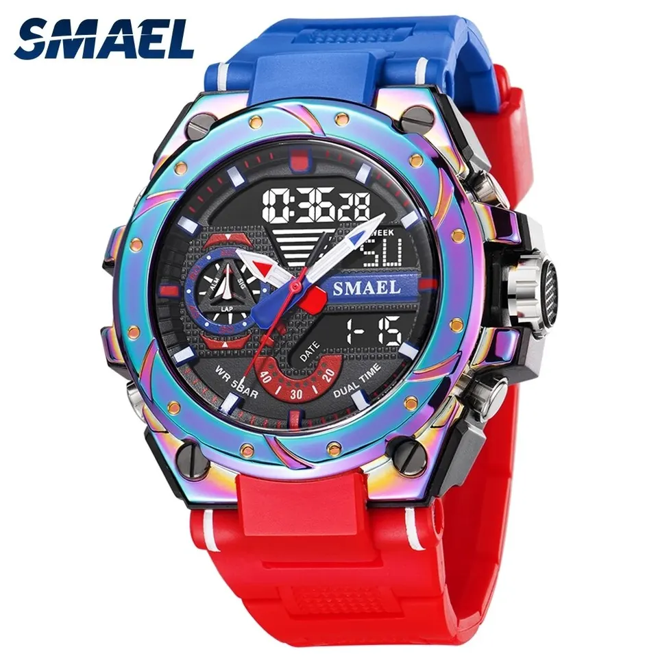 Smael Sport Quartz Watches LED diódy odolné voči 50 m vodotesný budík Analógové digitály 8060 pre mužov