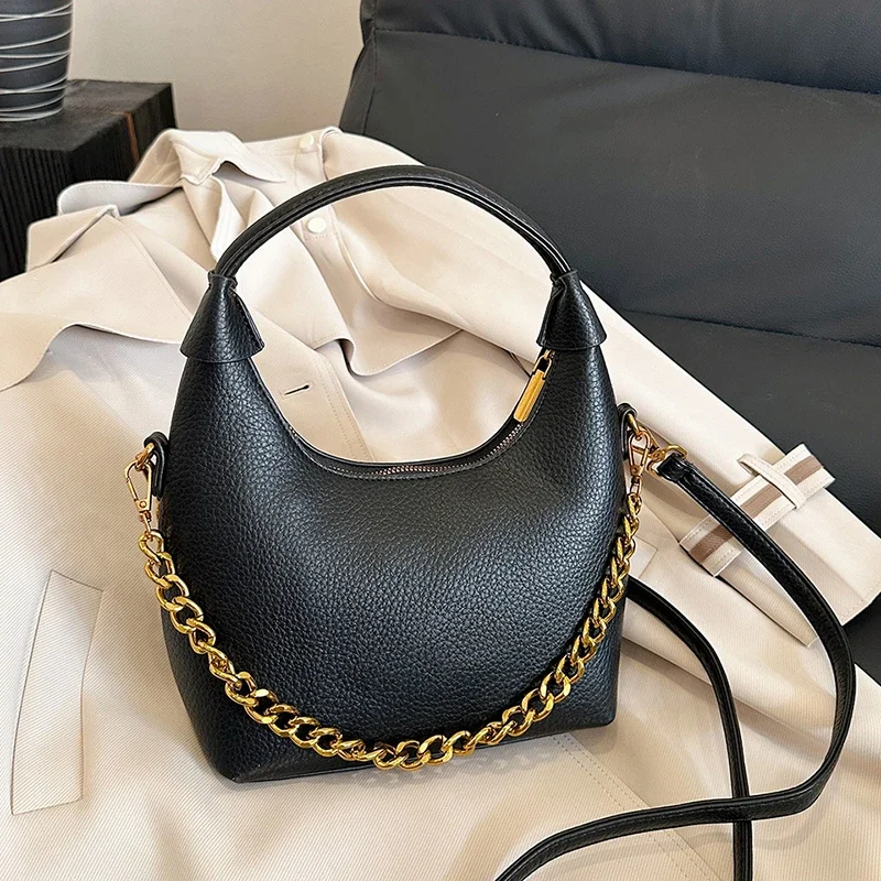 Small Bucket Crossbody Bag pre ženy 2024 citrónová kožená kabelka Luxusná módna reťazová taška na rameno femme dochádzanie vrecko čierna