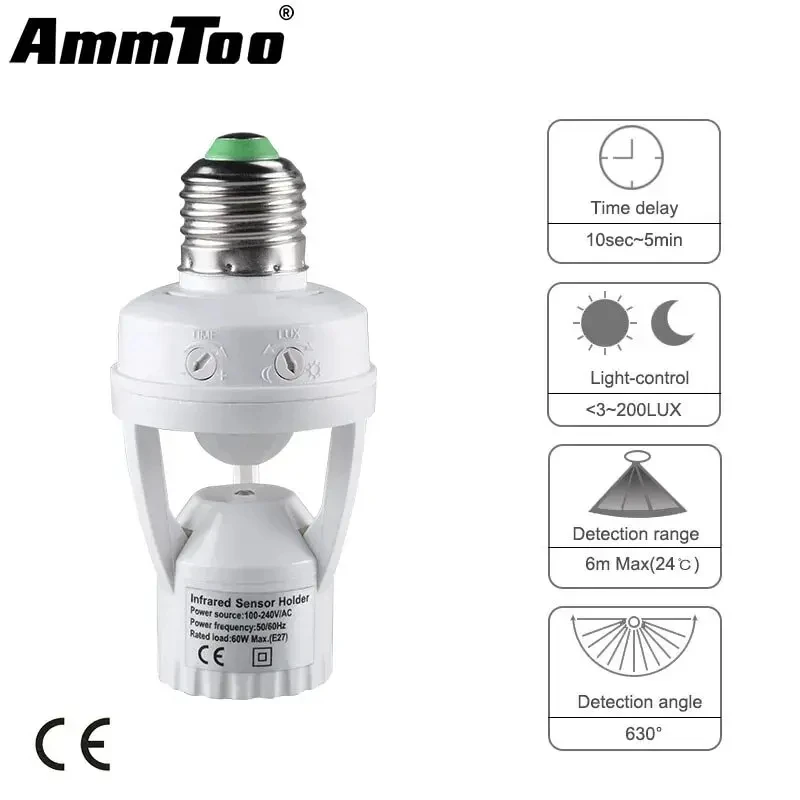 SMART E27 PIR SNDOR SNDSOR SVETLO SVETLO 110V 220V DETEKTOR Držiak základného žiarovky LUX ČAS ČAS LESEME Nastavenie ovládací