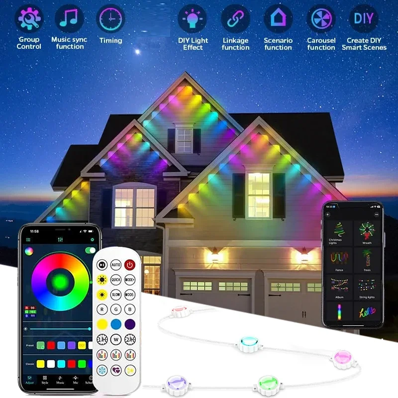 Smart Eaves Light Trvalé vonkajšie vonkajšie IP67 nepremokavé LED svetlá diaľková aplikácia DLY hudba Sync časovač String Lighting For House Holiday