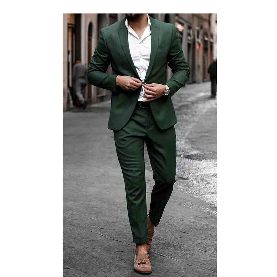Smart Green Men's Suits Single Breast Dva kusy (bunda+nohavice) Blazer Set Formal Business Gentleman Svadobná strana Groom Groom