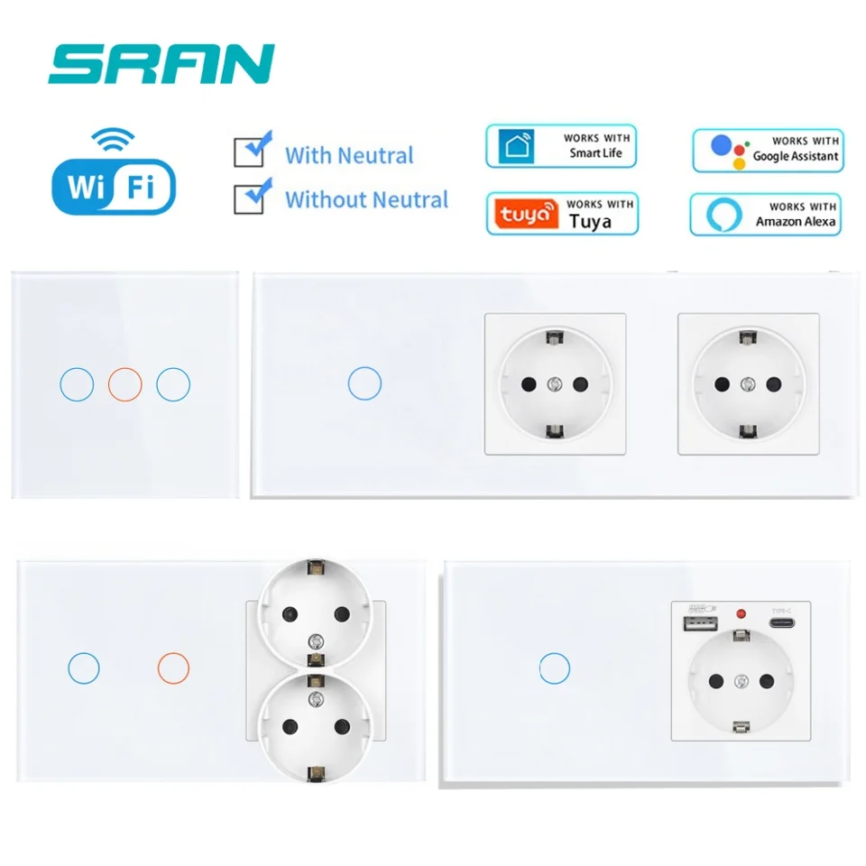 Smart Switch Sran Smart s zásuvkou na stenu 16A EU, Tuya Smart Life Home Touch Sensor WiFi Light Switches White