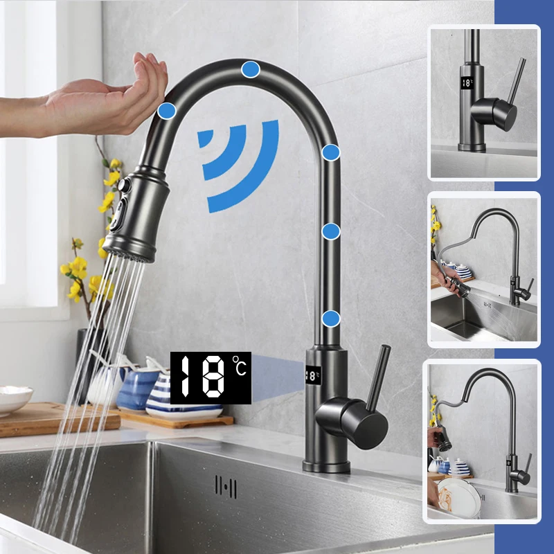 Smart Touch Kitchen Weder Faucet so snímačom Smart Water Taps Gun Grey Luxury Vytiahnite 360 ​​° odnímateľnú trysku pre cementár pre kohútik