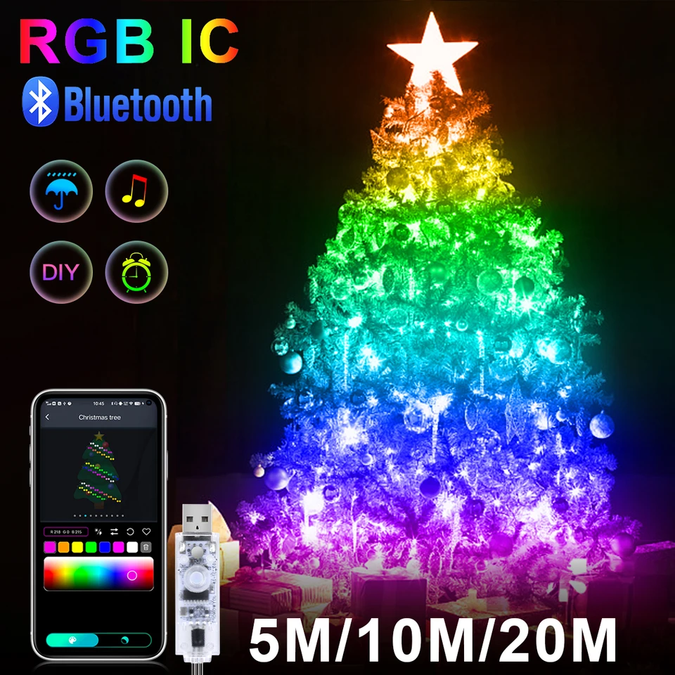 Smart USB LED Vianoce Night Light 5V Adresiateľné WS2812 RGBIC Idea BT App Control Fairy String Light Room Curtain Garden Decor Decor