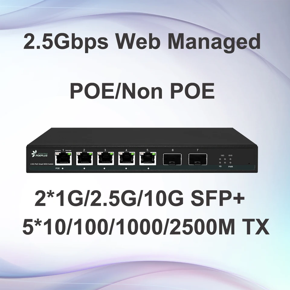 Smart Web Spravoval 5 portov 2,5 GB prepínač s 2*10G SFP+ Uplink PoE/ Non Poe Multi Giga LAN prepínač