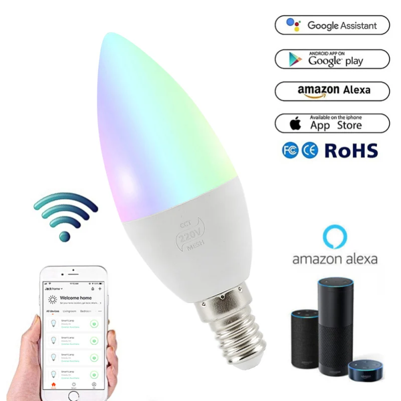 Smart WiFi Candle Bulb E14/E12 RGB Žiarovka Podpora Alexa/Home/IFTTT inteligentné reproduktorové ovládanie hlasu 5W LED svetlá Dekorácia