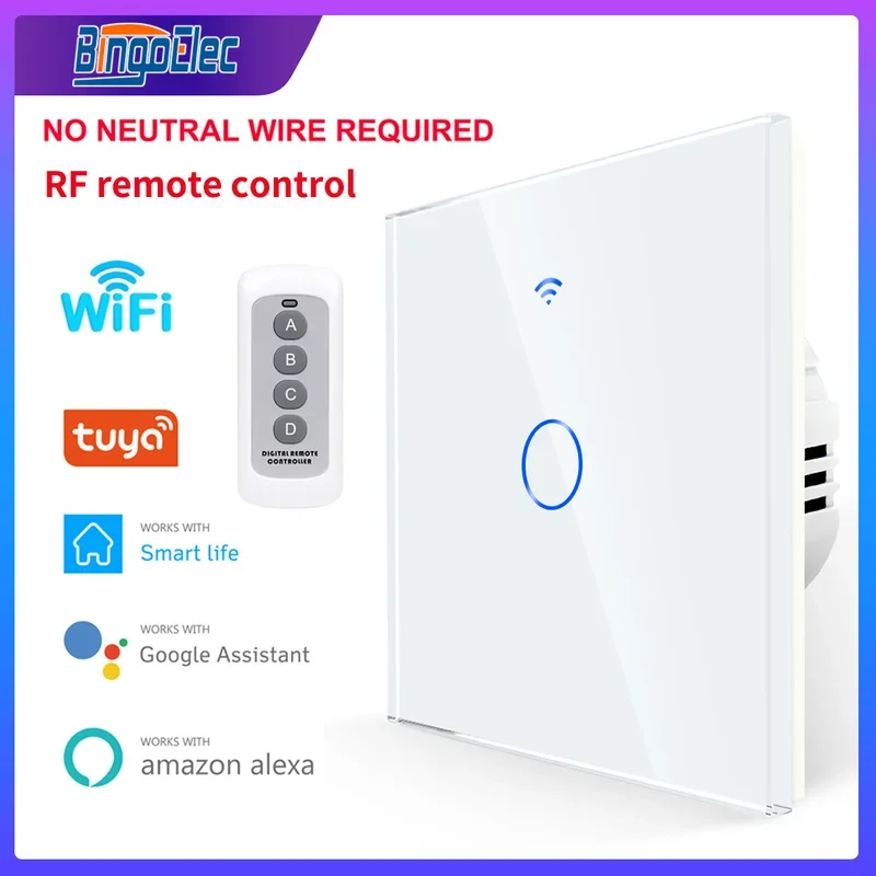 Smart WiFi Touch Switch No neutrálny drôt požadovaný inteligentný domov 1/2/3 Gang Swire Light Switch 220V Podpora Alexa Tuya App bingoelec