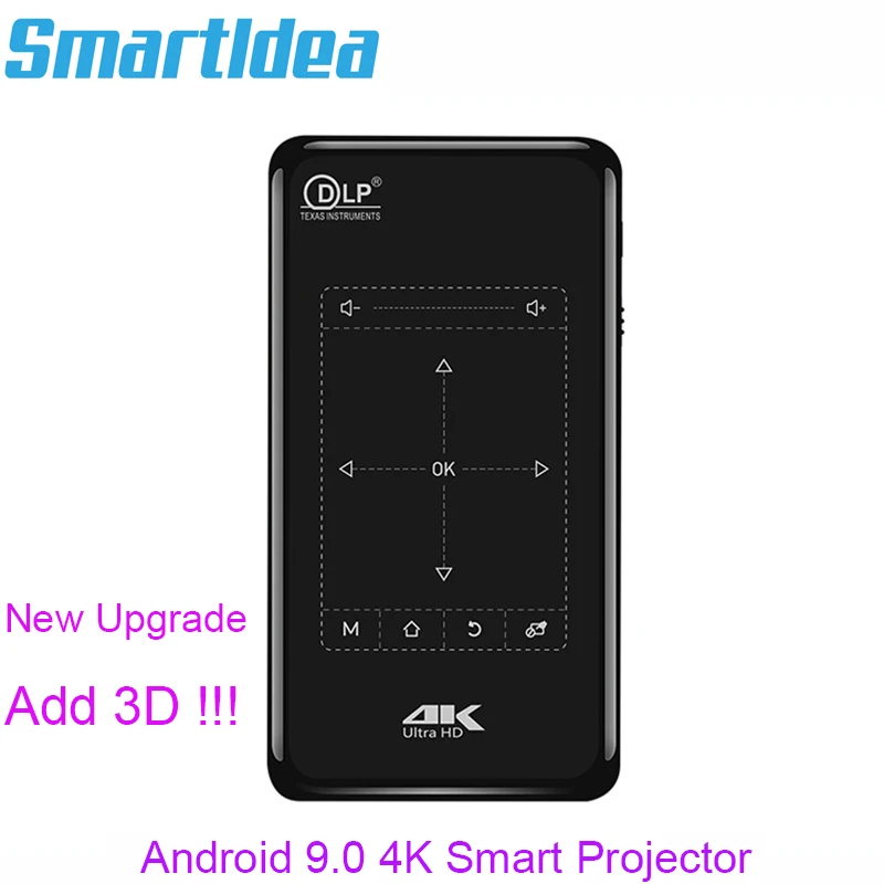 Smartldea 4K Mini Mobile Projector Android 9.0 3D BT4.1 Prenosný HD Proyect Beamer 5000 mAh Battery Touch Keys Airplay Miracast