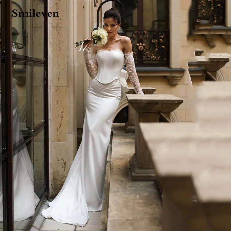 Smileven Big Bows 2025 Mermaid Satén Svadobné šaty s dlhým rukávom nevesty Vestido de Novia 2024 Prispôsobené