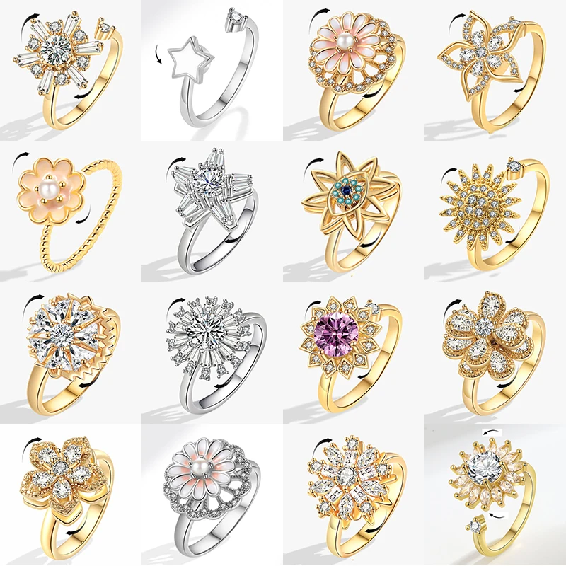 SMJEL LUXURY CRYSTAL ÚRAŤ ZELENIE OPATNENIA FIDGET RINGS PRE ŽENY Roztomilý Sakura Daisy Rose Rose Kvet Rotačný prsteň proti stresu Darček