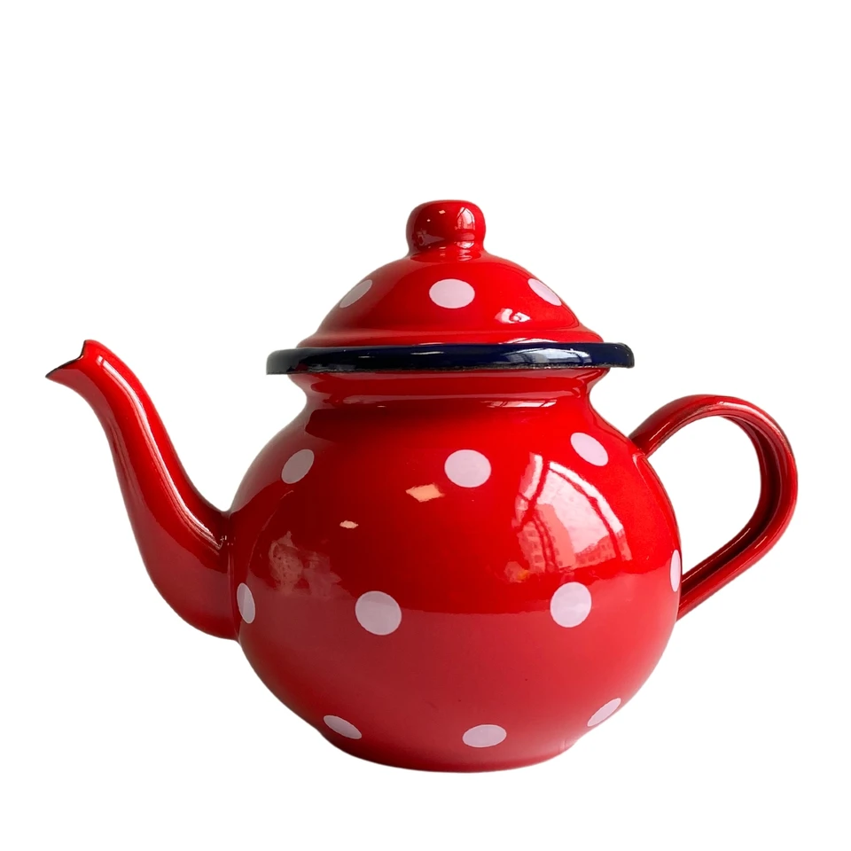 Smletový olejový hrniec červený a biely polka dot americký retro