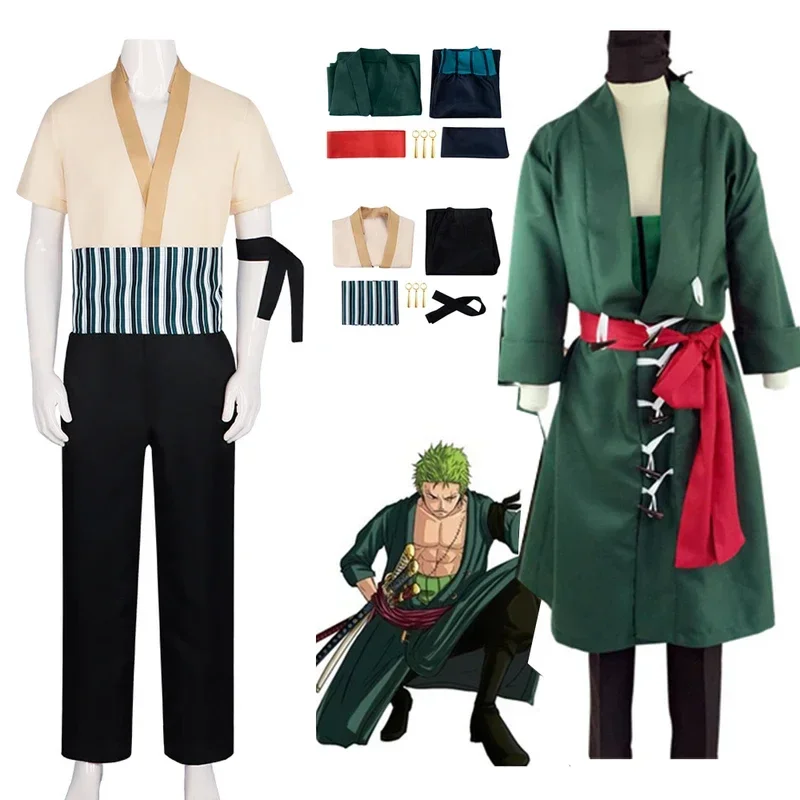 SN88 Anime Jedna rola Roronoa Zoro Cosplay kostým Halloween Zoro náušnice žltá košeľa zelená kabát Panty Uniformný šál M * #2