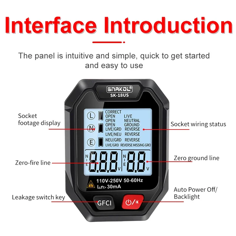 Snakol Outlet Socket Tester Digital zástrčka detekcia striedavého napätia 30MA RCD Test polarita Fázová kontrola obvodu kontrolka bicolor podsvietenia