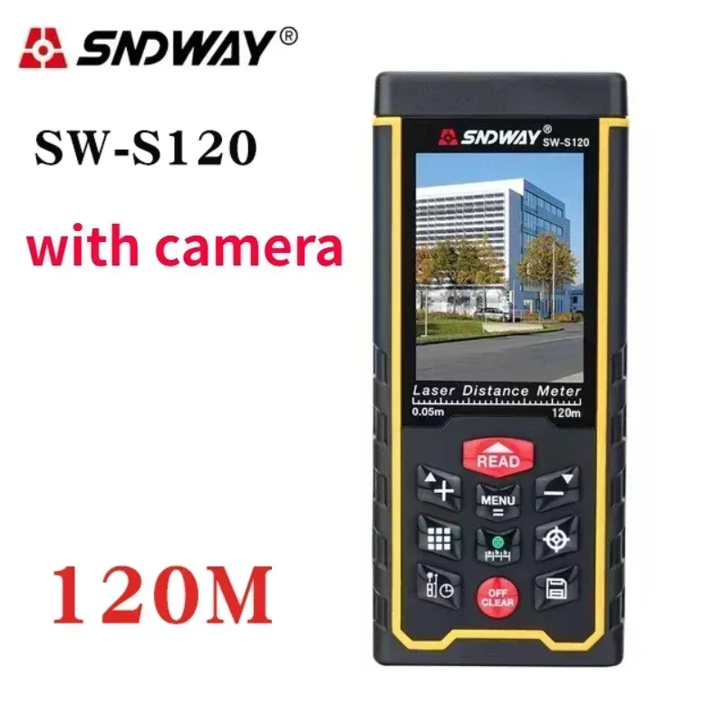 SNDWAY laserový merací meter vzdialenosť merací digitálny fotoaparát Funkcia laserového rozsahu vyhľadávača pásky na diaľkom