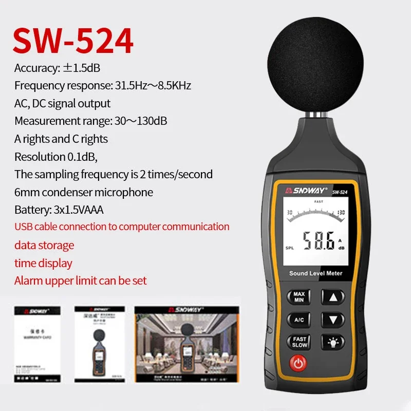 SNDWAY SW 523 524 Merač úrovne zvuku 30 až 130 dB detektor Digitálny profesionálny decibemeter hladina hluku hluku decibel meter