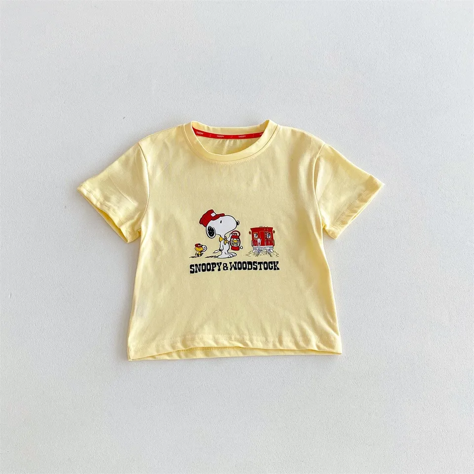 Snoopy Cartoon Anime Detské tričko Summer s krátkym rukávom 100% bavlnené detské tričko Top 2024 Nové módy voľné top detské odpalisko