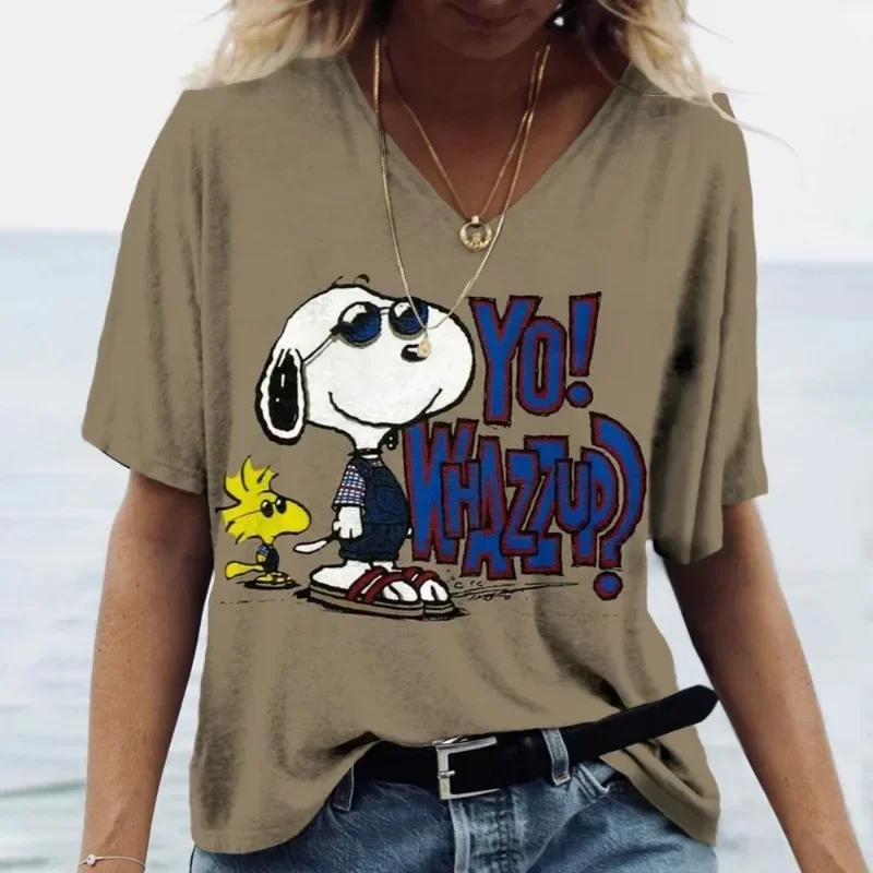 Snoopy Funny Cartoon Shirt for Women Fashion V-krk krátke rukávy Tops letný predaj ženský odev Street Trend Loose Tees