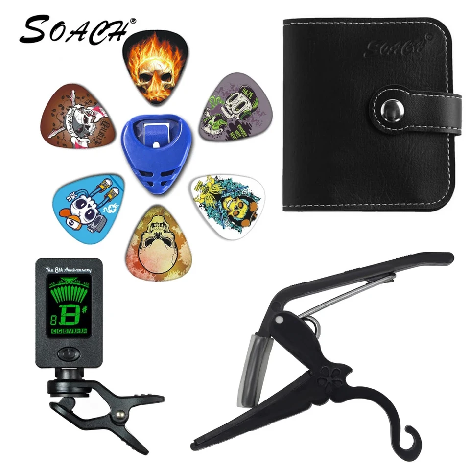 Soach 2018 Nová súprava nástrojov Super Value Guitar Tuner + Capo + Plectrum Držiteľ + PLU BAG + 6 farieb Picks Picks Parts Adsessory