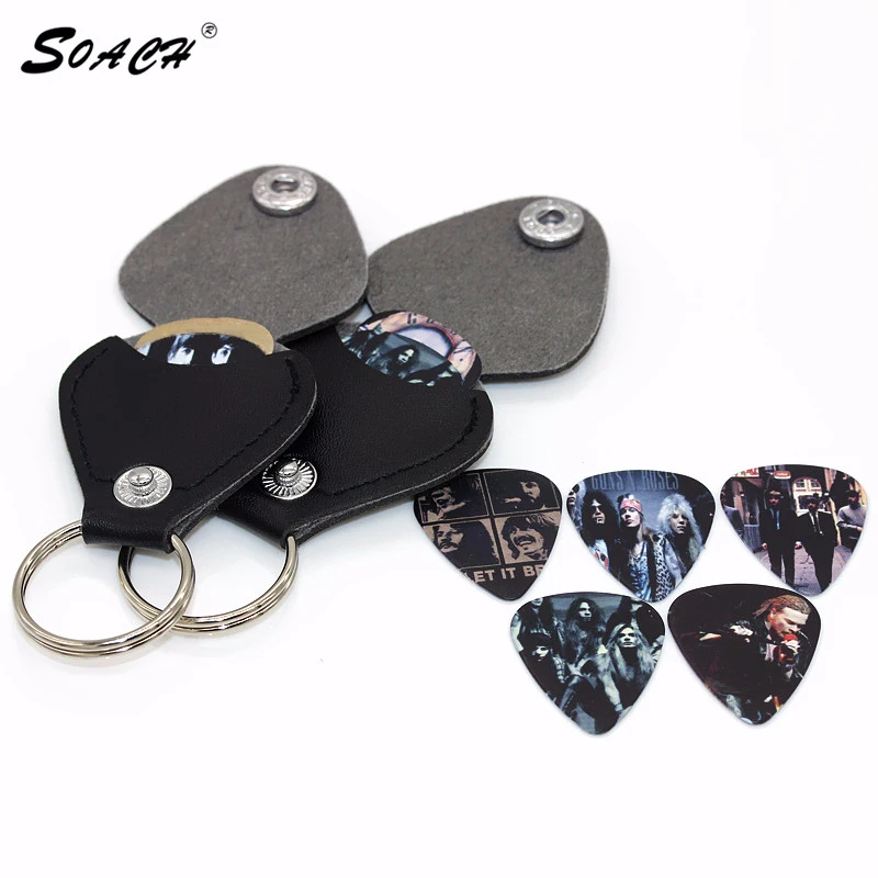 Soach horúca 1 kusová gitara Picks Case Box Castre Black Faux Leather Key Chain Guitar Picks Plectrums Bag Case Key Ring