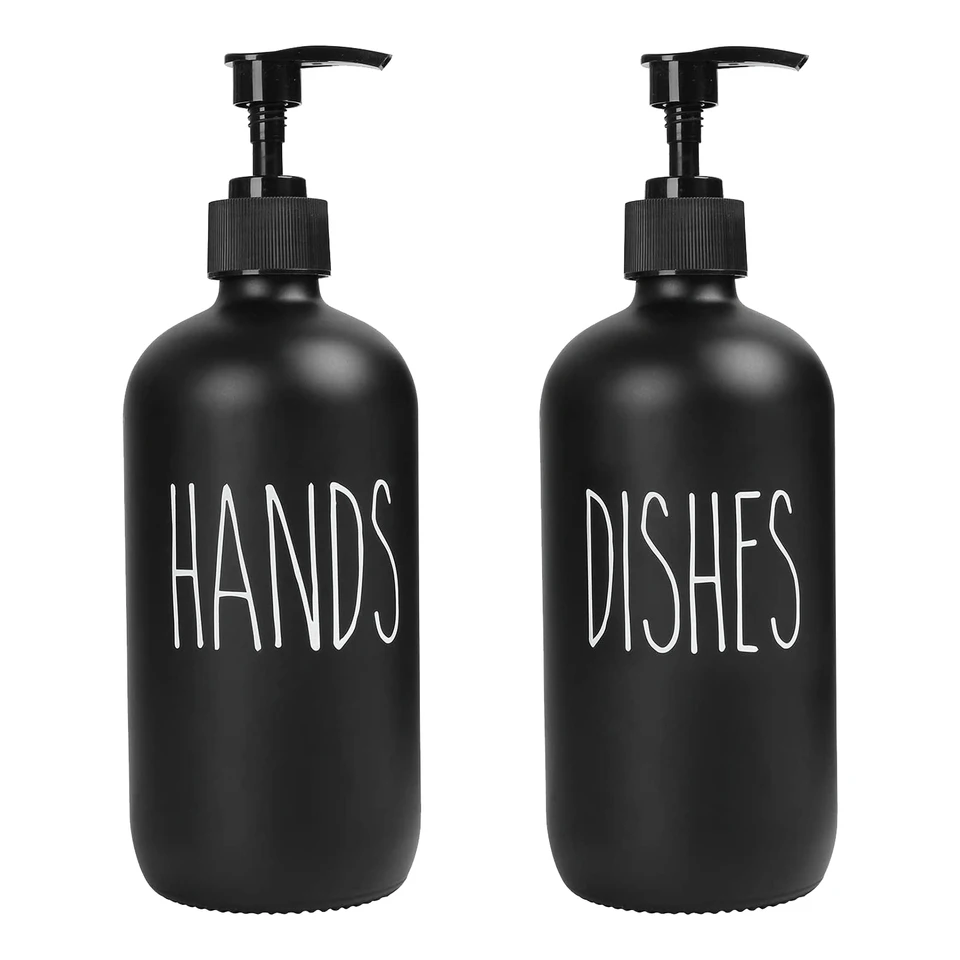 Soap Dispenser Set 2 Pack, obsahuje dávkovač mydlových misiek a 16 oz sklenené mydlo s pumpou (čierna)