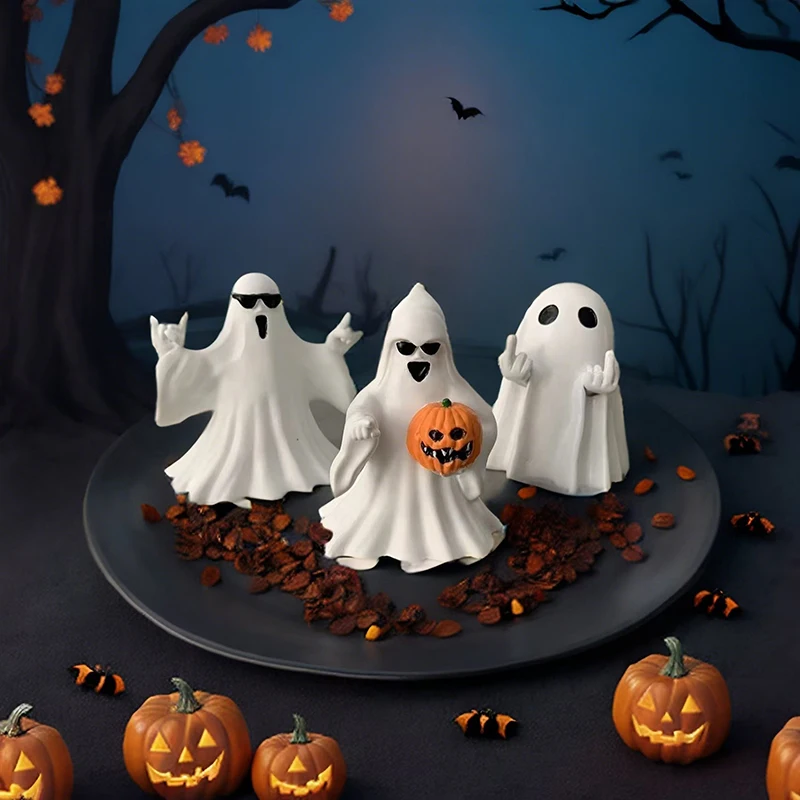 Socha duchov roztomilý živici duchovné figúrky duchovné sochárske vtipné stolové ozdoby Halloween dekorácie pre displej s plášťom