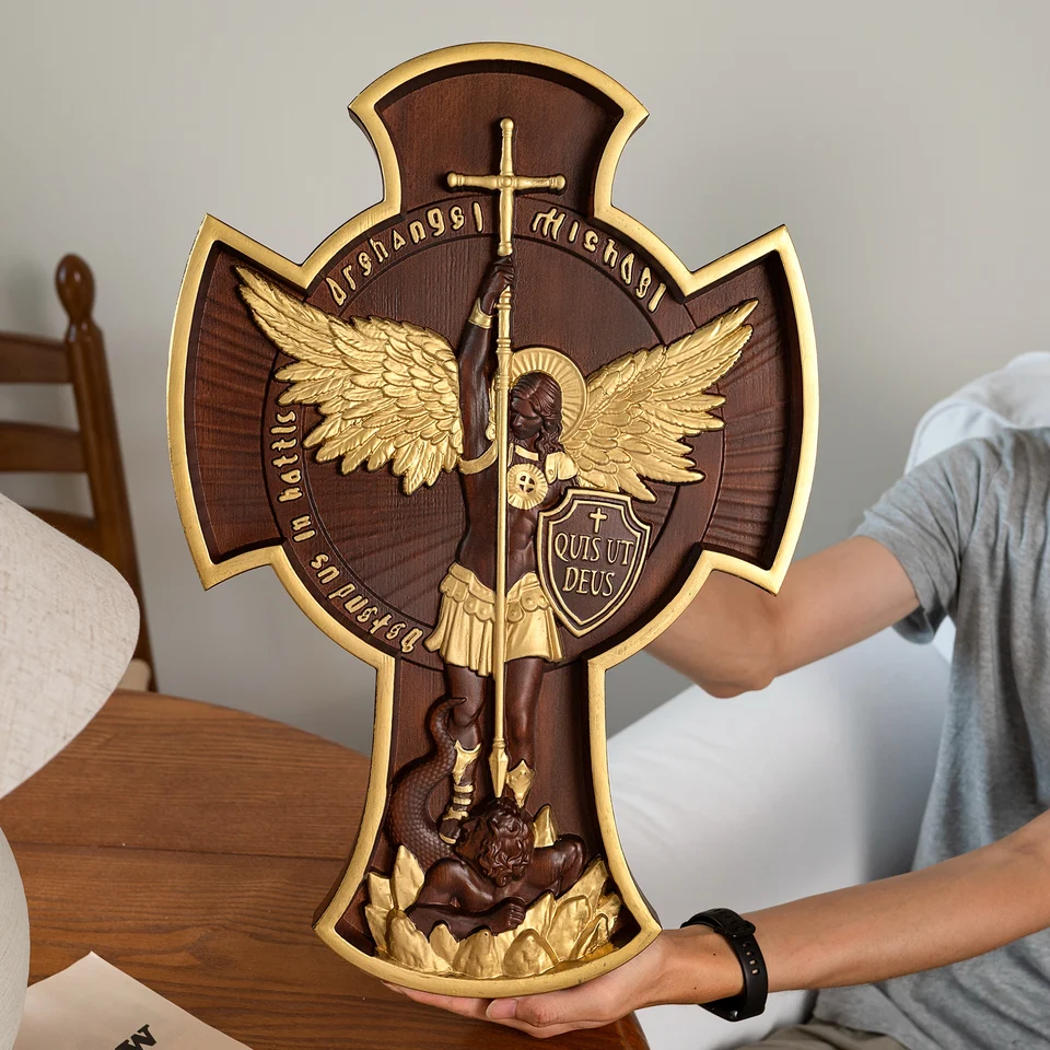 Socha sv. Michala Archanjel Cross Socha Patron Svätý, náboženská postava, domáca múr dekor, drevený kresťanský darček