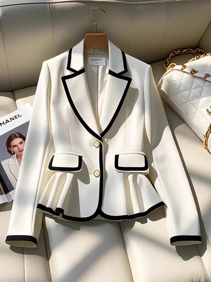 Socialit retro hepburn v štýle oblek bunda Ženy kabát High-end módny dochádzajúci pás Cinching White Suit Blazers Dámske oblečenie