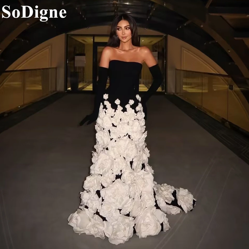 Sodigne elegantné čierne zamatové večerné šaty Mermaid bez ramienok 3D kvety dlhé párty šaty 2025 Arabské ženy plesové šaty prispôsobené