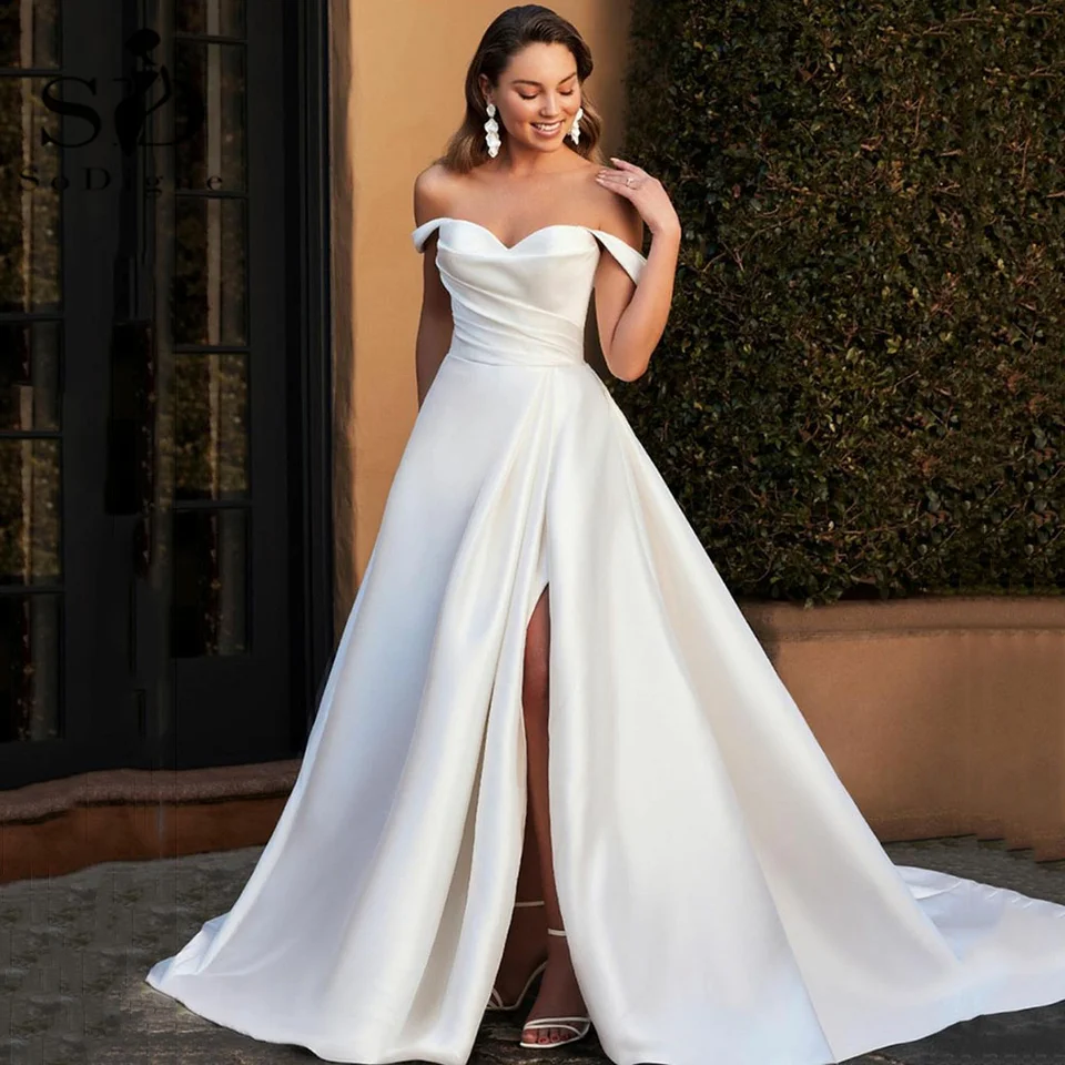 SODIGNE SEXY SATIN Svadobné šaty s bočnou štiepkou zlatíčko A-line biele/slonovinové svadobné šaty Vestidos de Novia