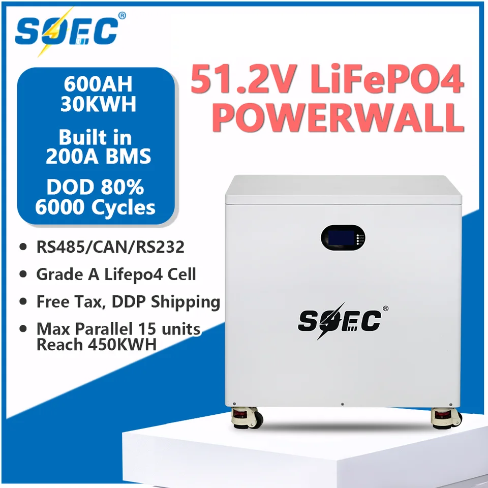 SOEC 30KWH Powerwall 51.2V 600AH Littiumfosfát LifePo4 batéria s RS485 môže vstavaná solárna spoločnosť BMS Home Energy Solar Solar