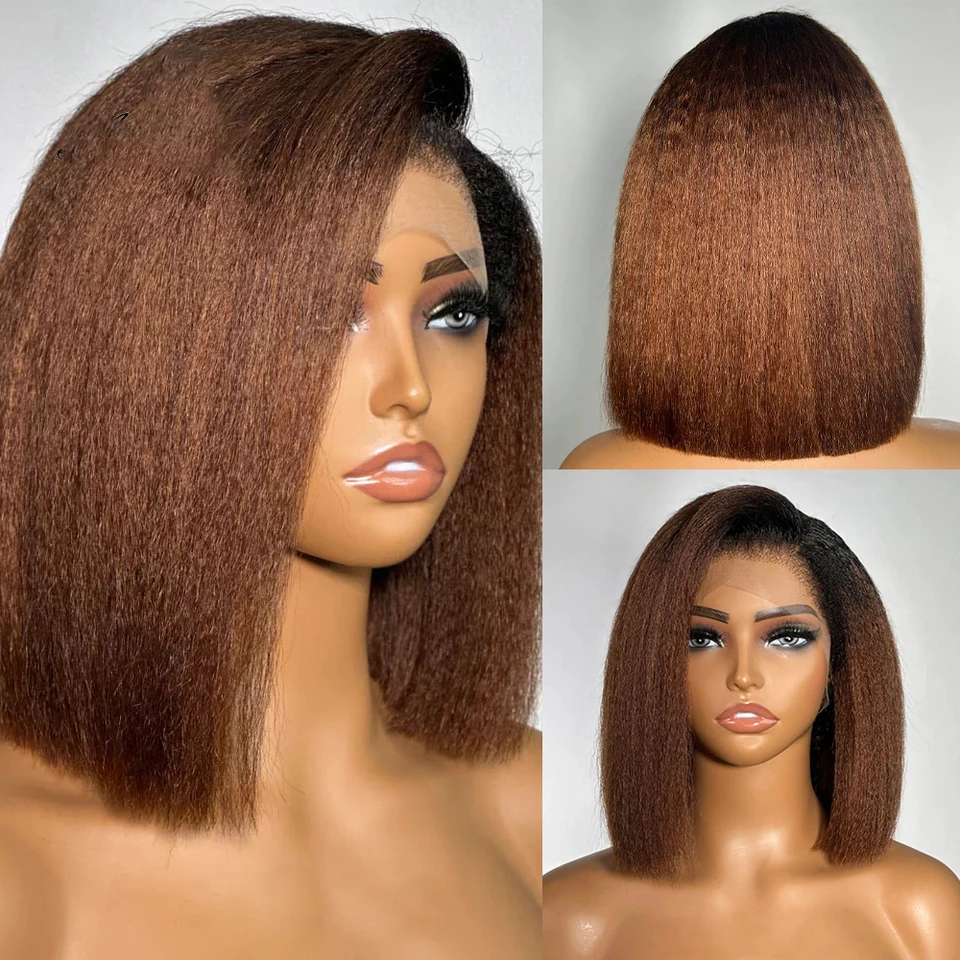 Soft Yaki Short Bob Ombre Blonde hnedá výstredná priama syntetická 180 -hustota čipka predná parochňa pre ženy
