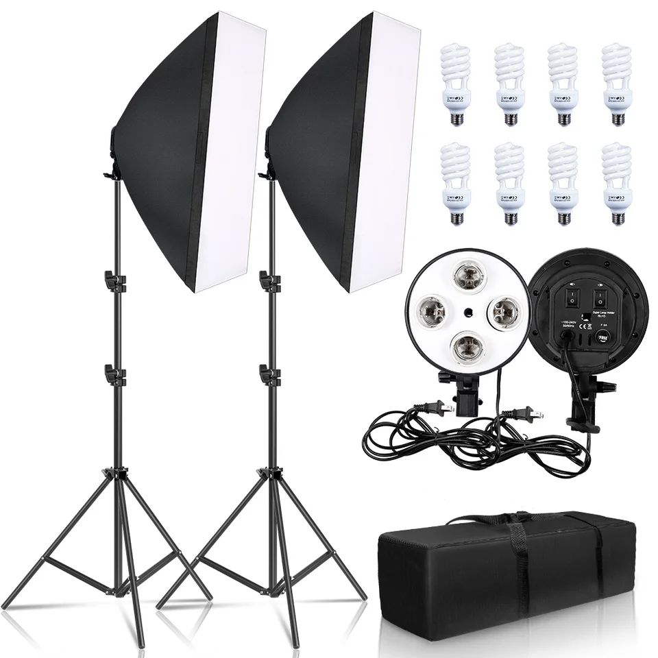 Softbox Light Box Tarde Lighting Kit 4 Lamp Photography Flash 50x70cm E27 Base Držiteľ fotoaparátu Feflektor Photo snímanie