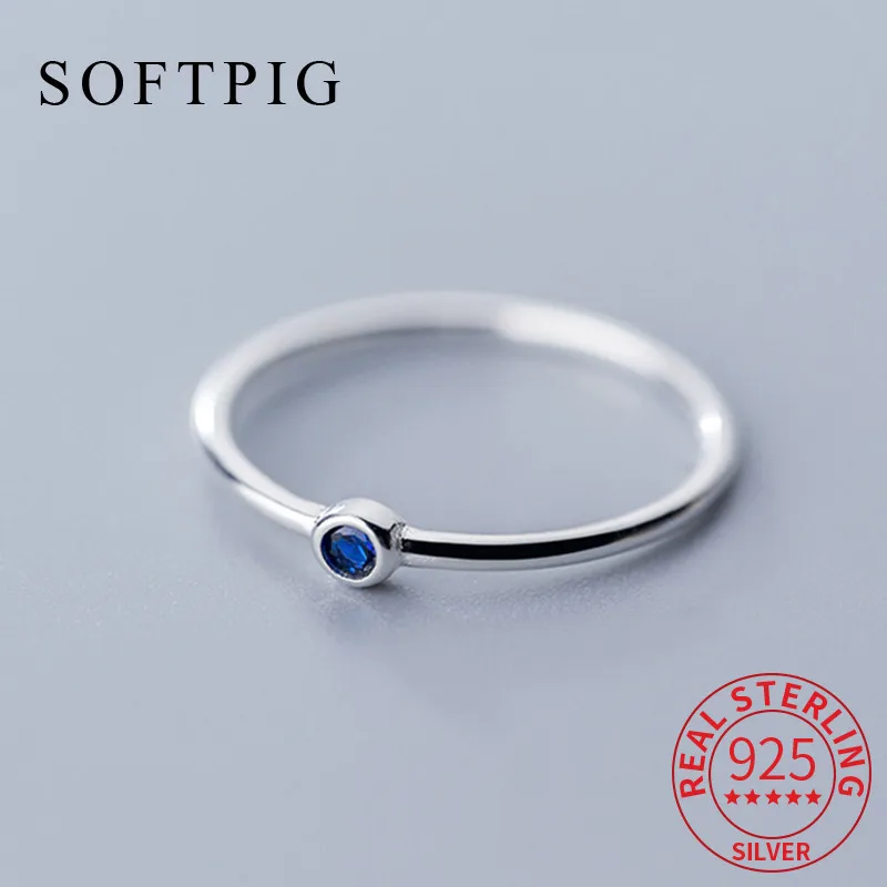 Softpig Real 925 Sterling Silver Blue zirkon Round Ring pre módne ženy roztomilé jemné šperky 2024 Minimalistické doplnky darček