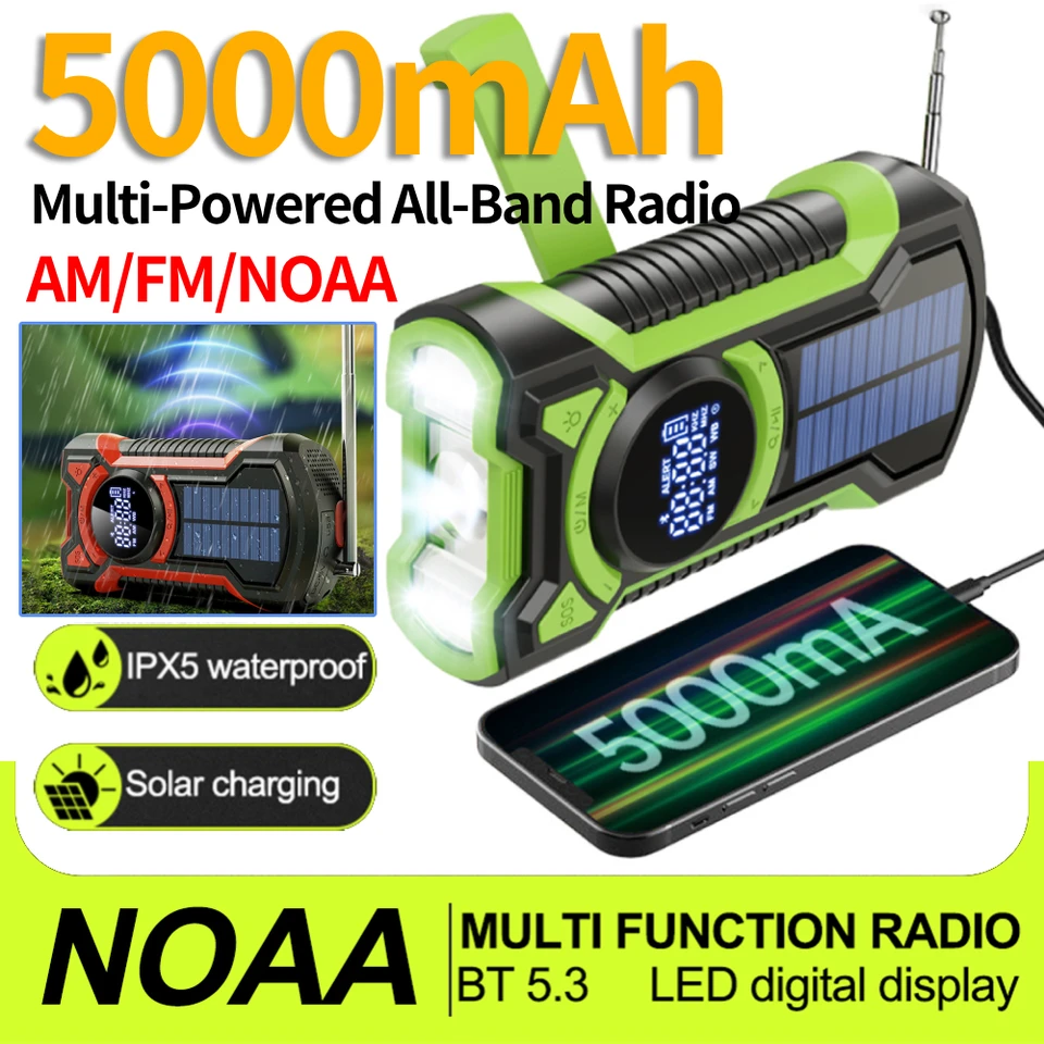 Solar AM/FM/NOAA Weather Radio 5000 mAh ručné kľuky Prenosné núdzové rádio-kompatibilné